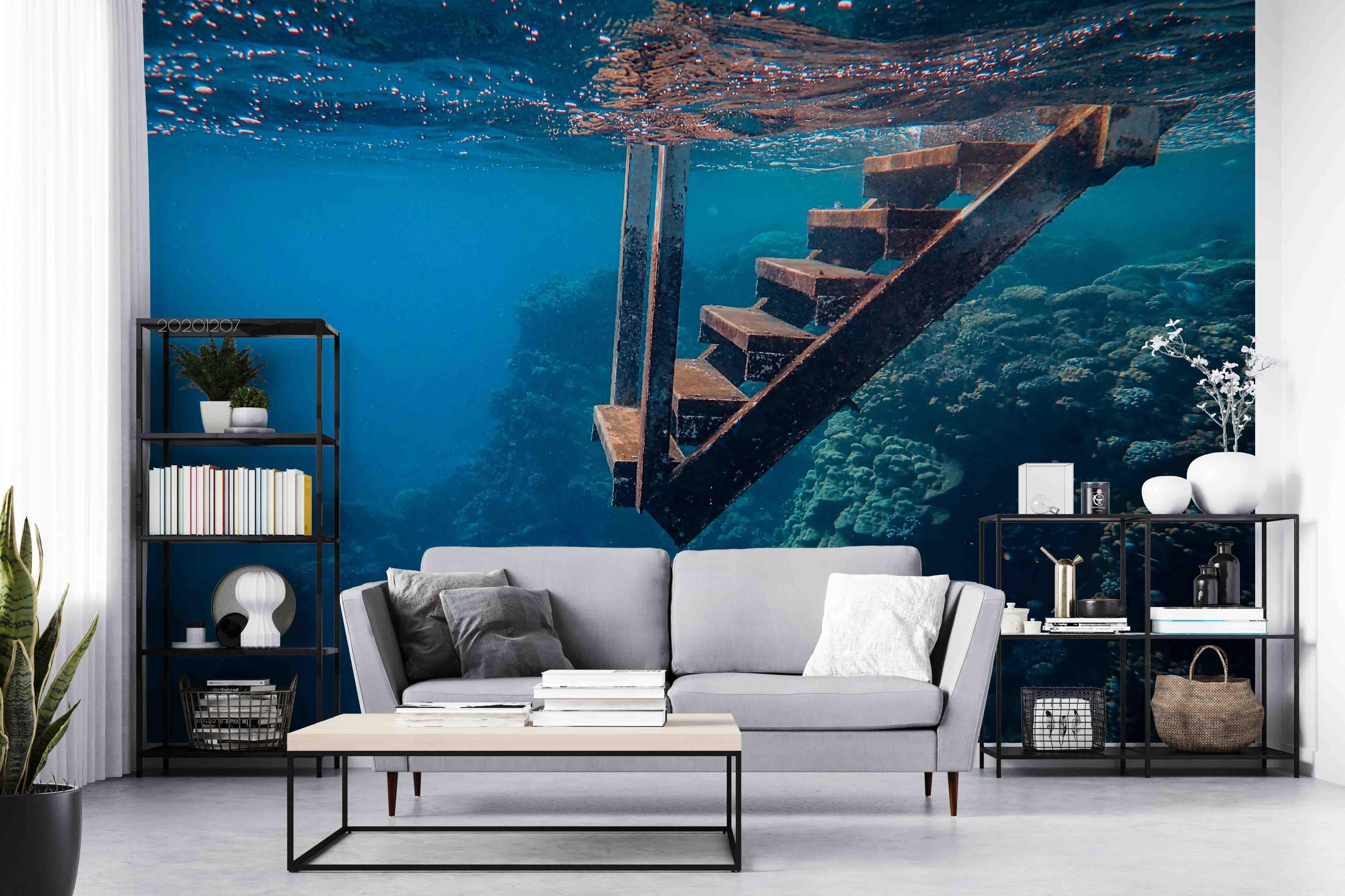 3D Pexels Deep Blue Ocean Wooden Stairs Wall Mural Wallpaper LXL