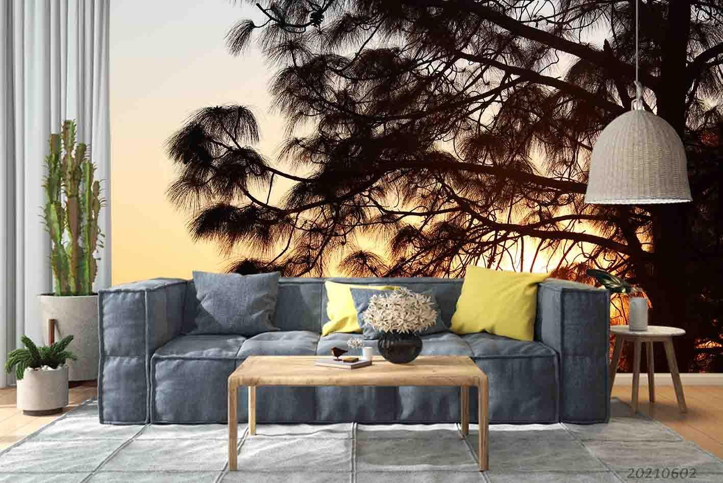 3D Sunset Twilight Pine Trees Silhouette Wall Mural Wallpaper SWW873