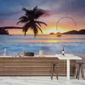 3D Tropical Beach Sea Wave Palm Tree Silhouette Seychelles Wall Mural Wallpaper