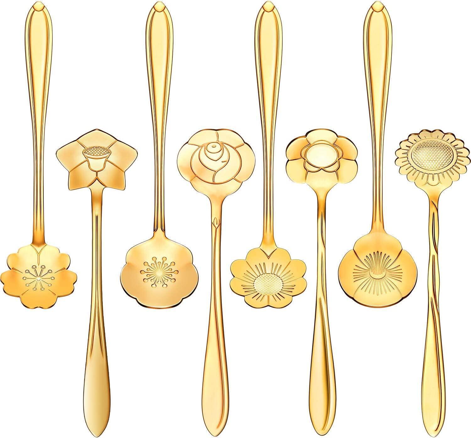 8 Pieces Flower Spoon Coffee Teaspoon Set Stainless Steel Tableware Creative Sugar Spoon Tea Spoon Stir Bar Spoon Stirring Spoon, 8 Different Patterns (colorful)