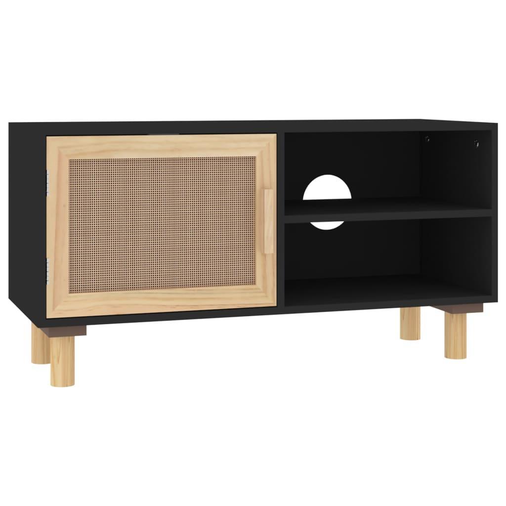 TV Cabinet Black 80x30x40 cm Solid Wood Pine and Natural Rattan vidaXL