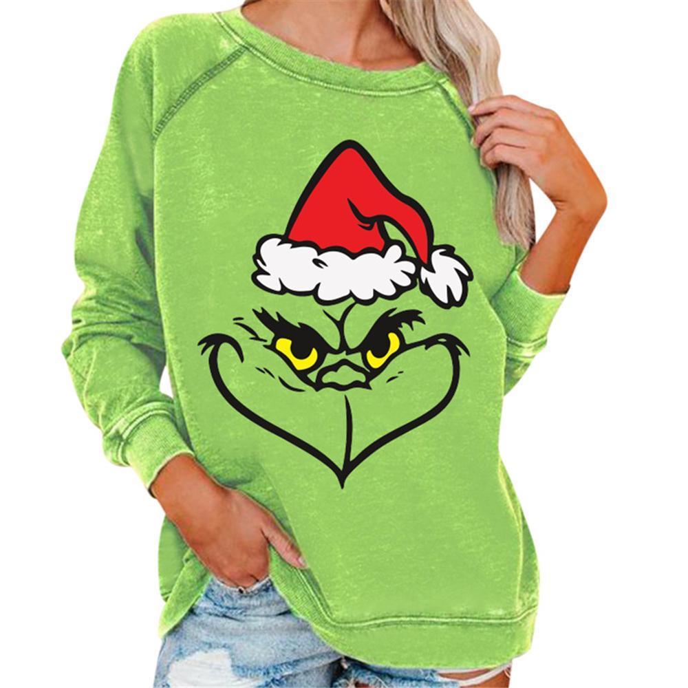 Vicanber Christmas Women Grinch Green Monster Long Sleeve Crew Neck Print T-shirt Blouse Xmas Casual Tee Tops (D, M)