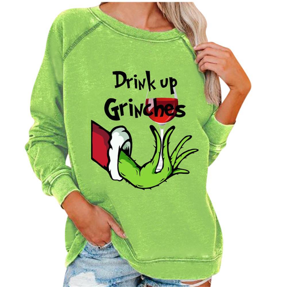 Vicanber Christmas Women Grinch Green Monster Long Sleeve Crew Neck Print T-shirt Blouse Xmas Casual Tee Tops (B, M)