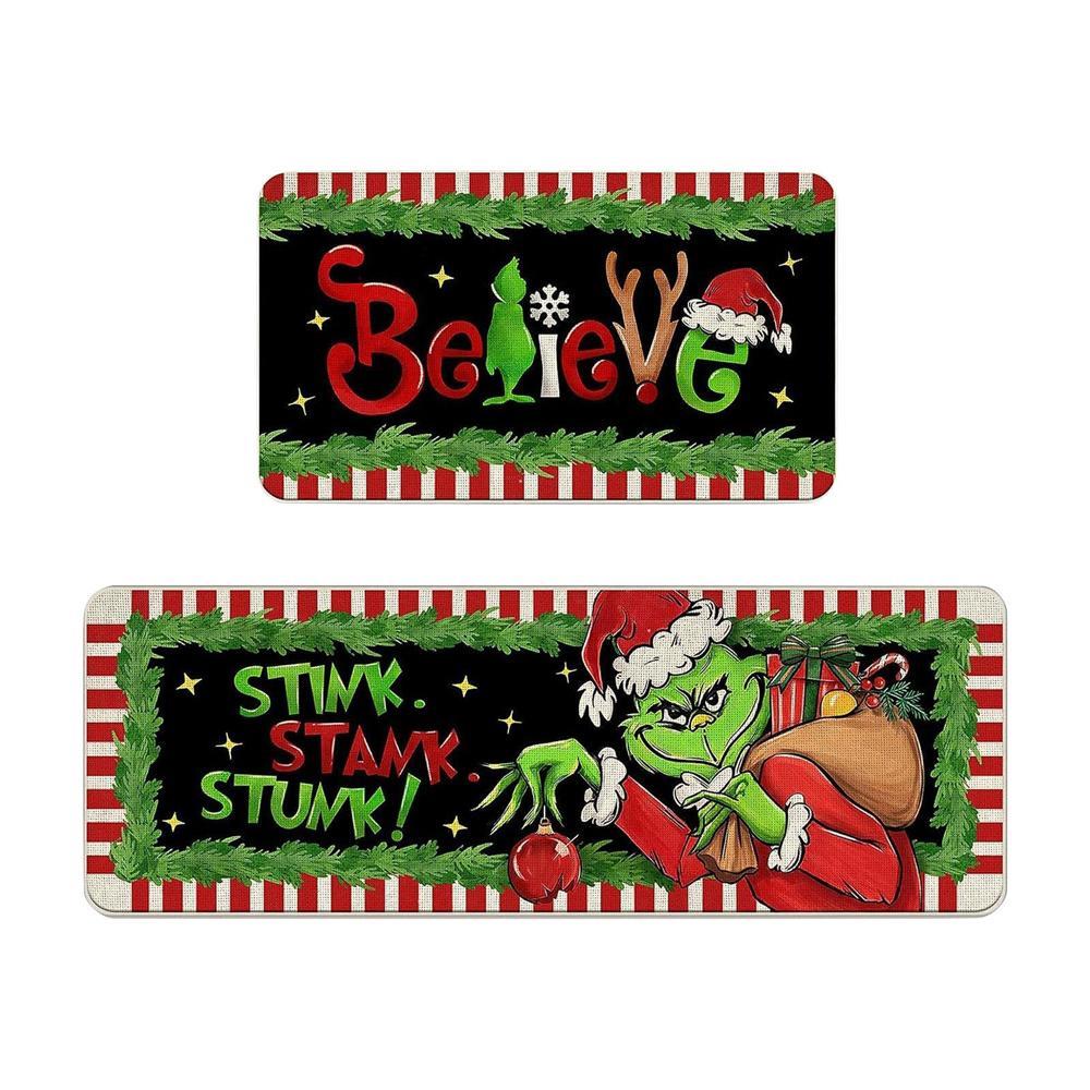 Vicanber Home Green Monster Kitchen Rugs and Mats Set of 2 Non Slip Mats Christmas
