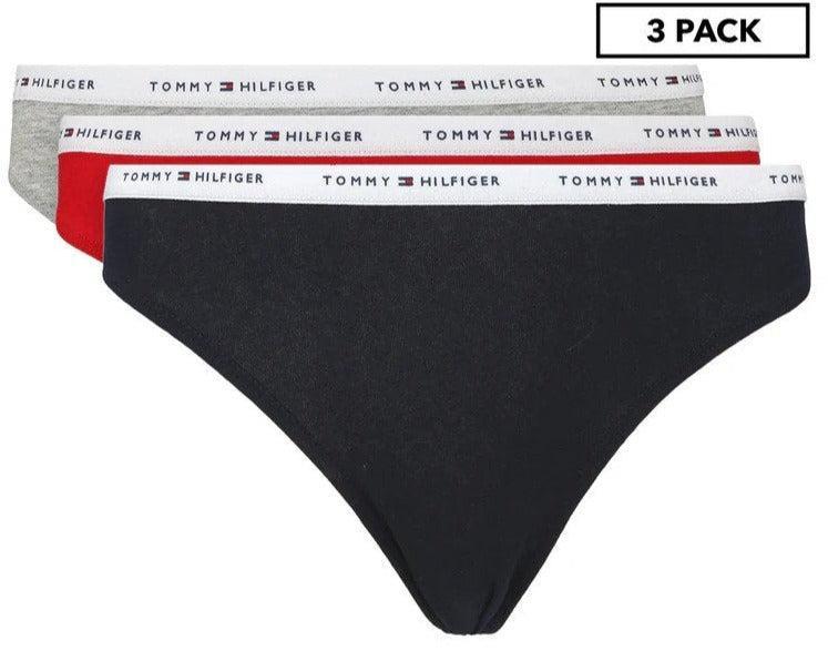 Tommy Hilfiger Women's Basics Classic Logo Thongs 3-Pack - Grey/Red/Blue