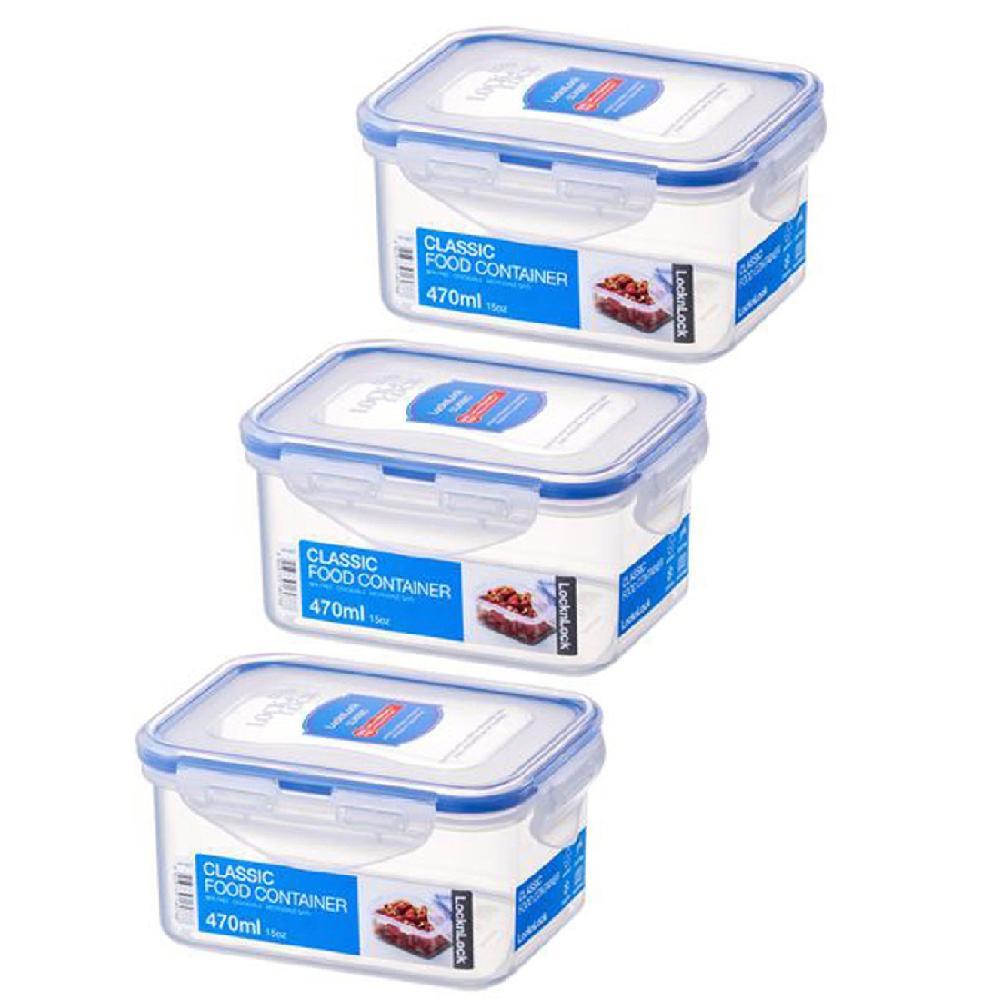 3x Locknlock 470ml Airtight Classic Rectangle Food Storage Container Short Clear