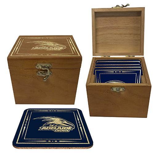 Adelaide Crows AFL Cork Back Drink Coasters in Wooden Case Box