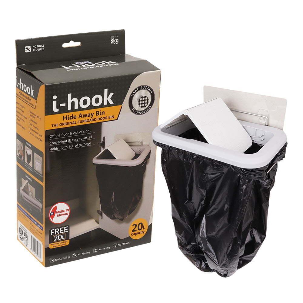 I-Hook Hide Away Bin 15L Trash Storage Door-Hanging Waste Garbage Bag Black