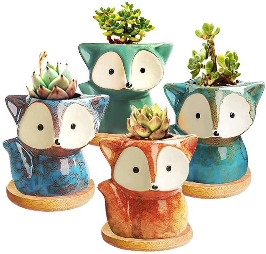 4 Pack Fox Shape Flower Pot Succulent Plant Pots, Mini 3.5in Cartoon Ceramic Flower Pot