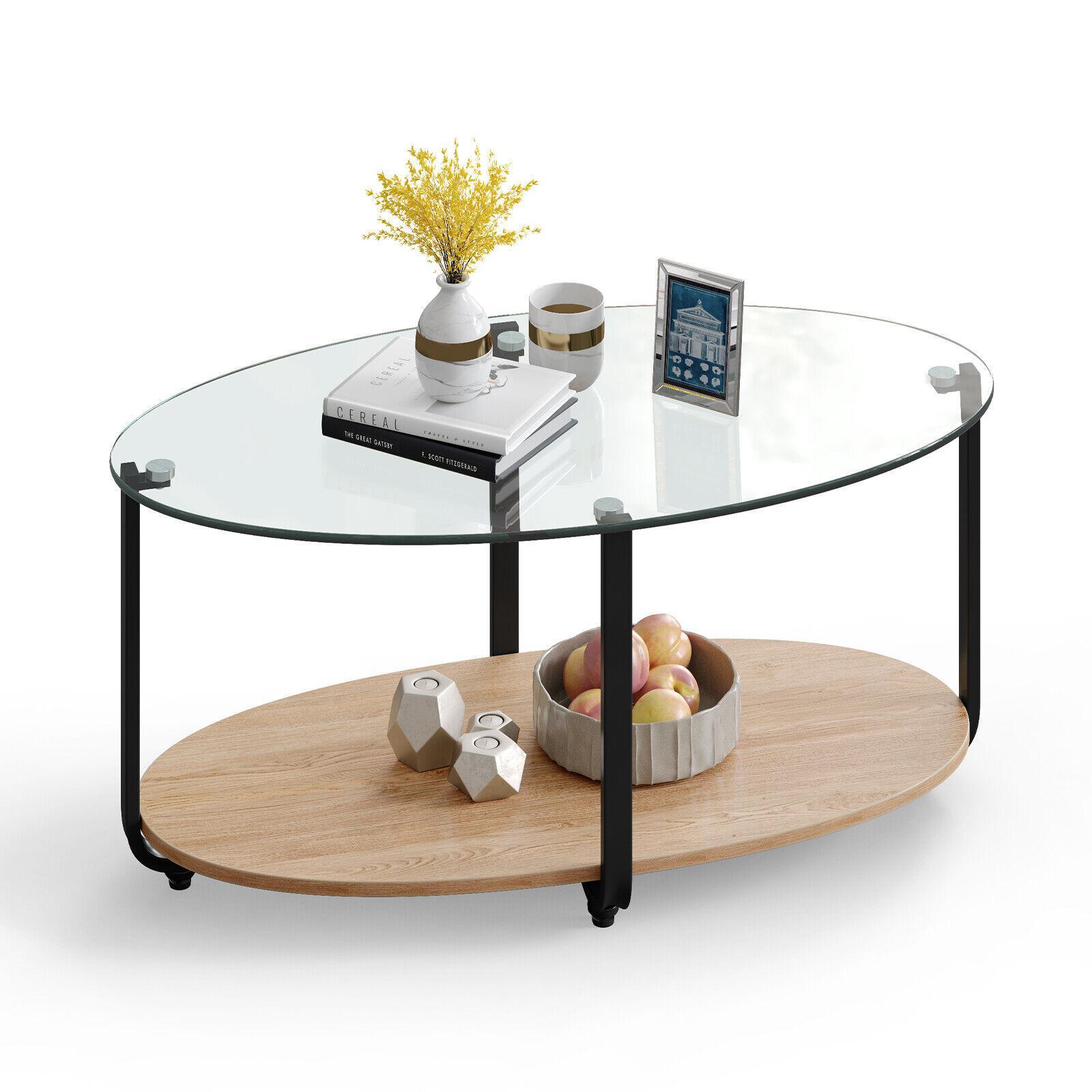 Giantex 2-Tier Coffee Table Oval Modern Side Table W/Glass Tabletop & Wooden Shelf Accent Center Table