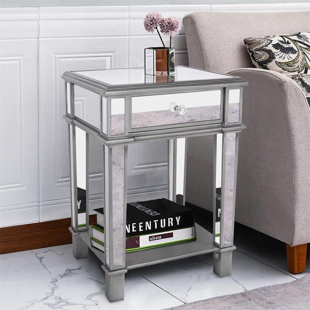 2 Tier Luxury Silver Mirrored Side Table Nightstand w/ Drawer Sofa Side Bedside