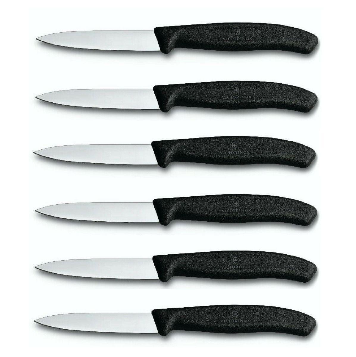 VICTORINOX PARING KNIFE POINTED TIP STRAIGHT BLADE 8cm SET of 6 - Black