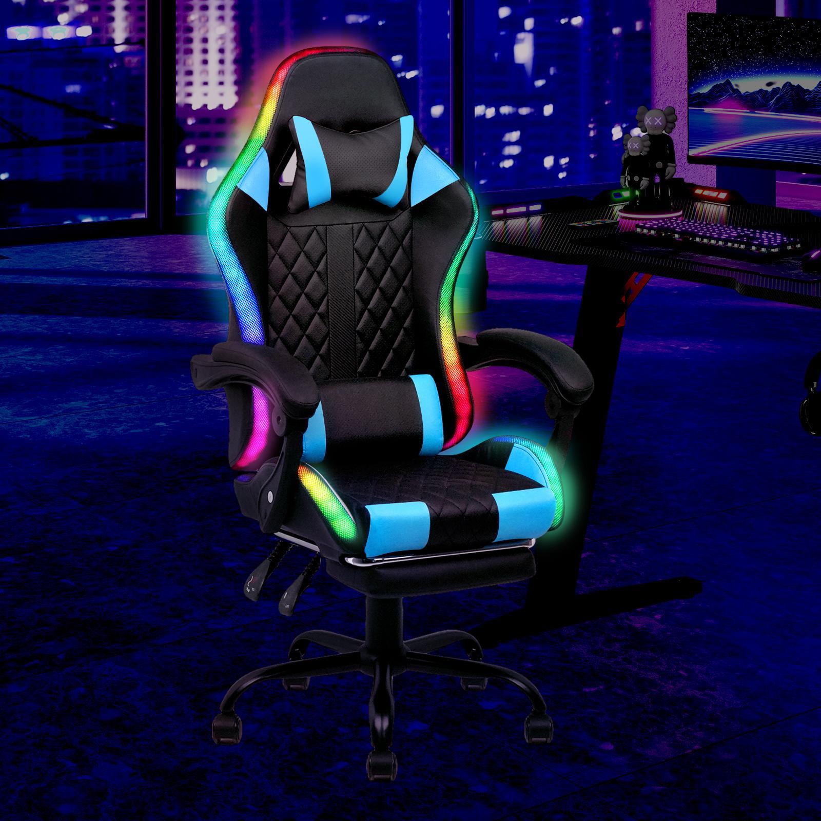 Advwin Gaming Chair with 12 RGB LED Lights w/ Footrest Black & Blue
