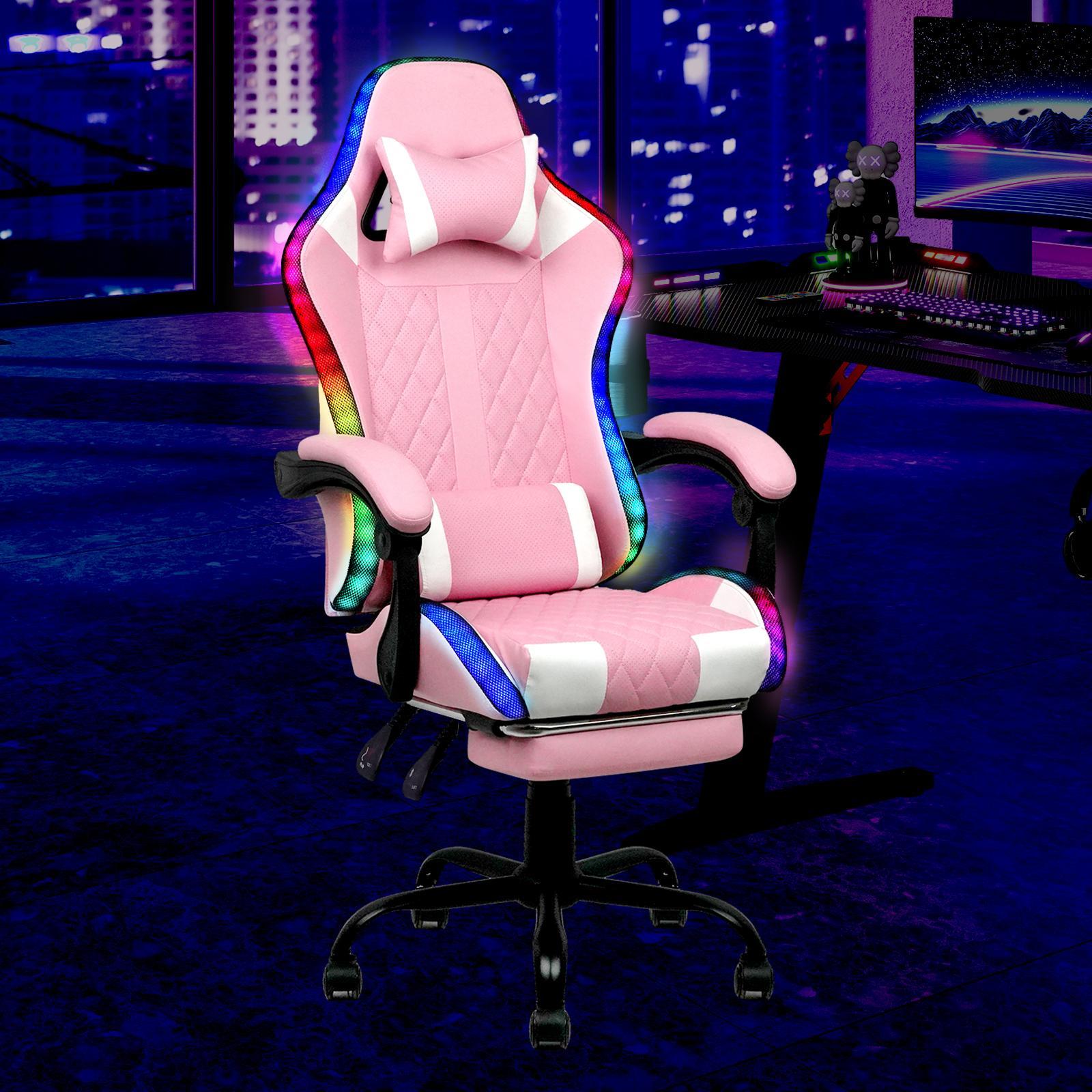 Advwin Gaming Chair with 7 Massagers and 12 RGB LED Lights w/ Footrest Pink & White