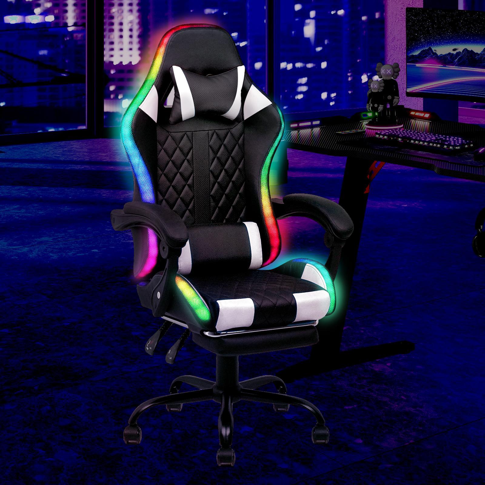 Advwin Gaming Chair with 7 Massagers and 12 RGB LED Lights w/ Footrest Black & White