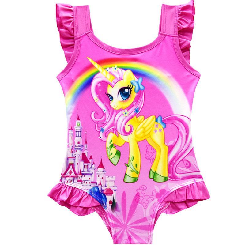 GoodGoods Girls One Piece Swimsuit Rainbow Unicorn Kids Swimming Cosplay Ruffle Swimsuits(Rose Red,7-8 Years)