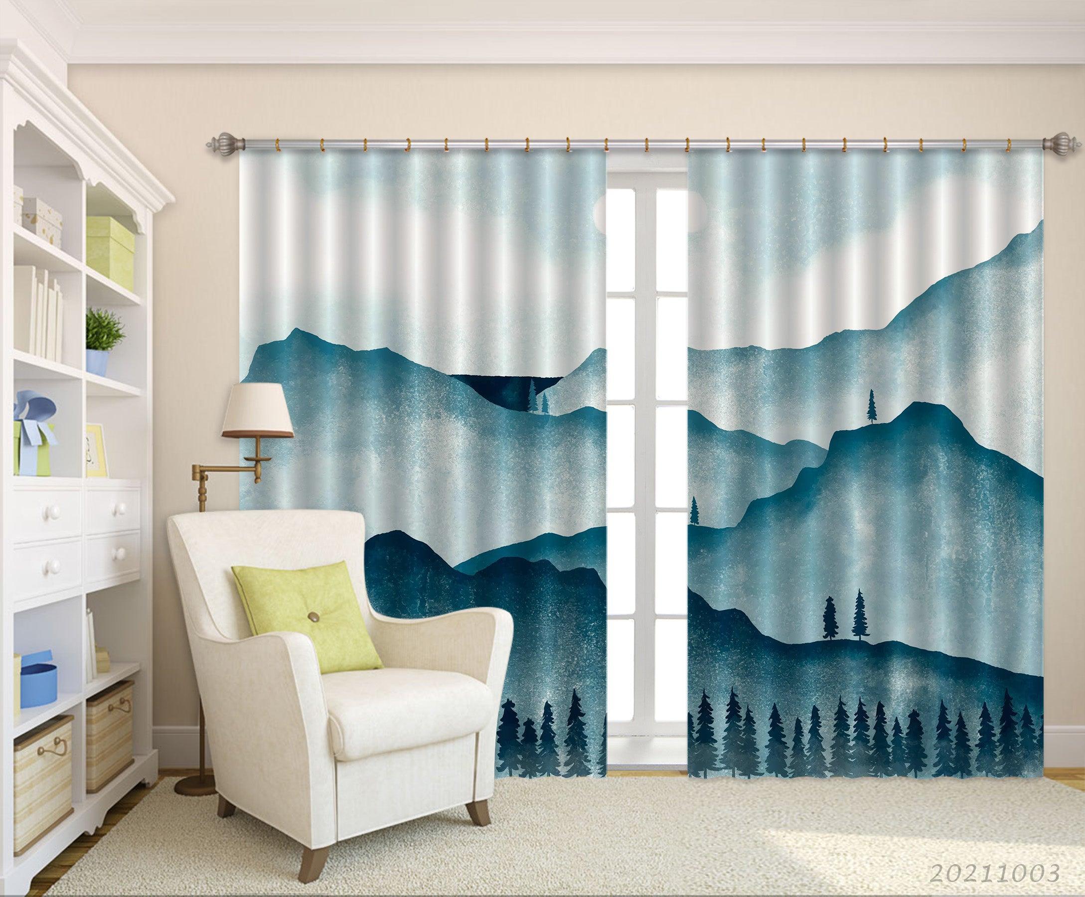 3D Hand Drawn Mountain Forest Curtains and Drapes LQH 164