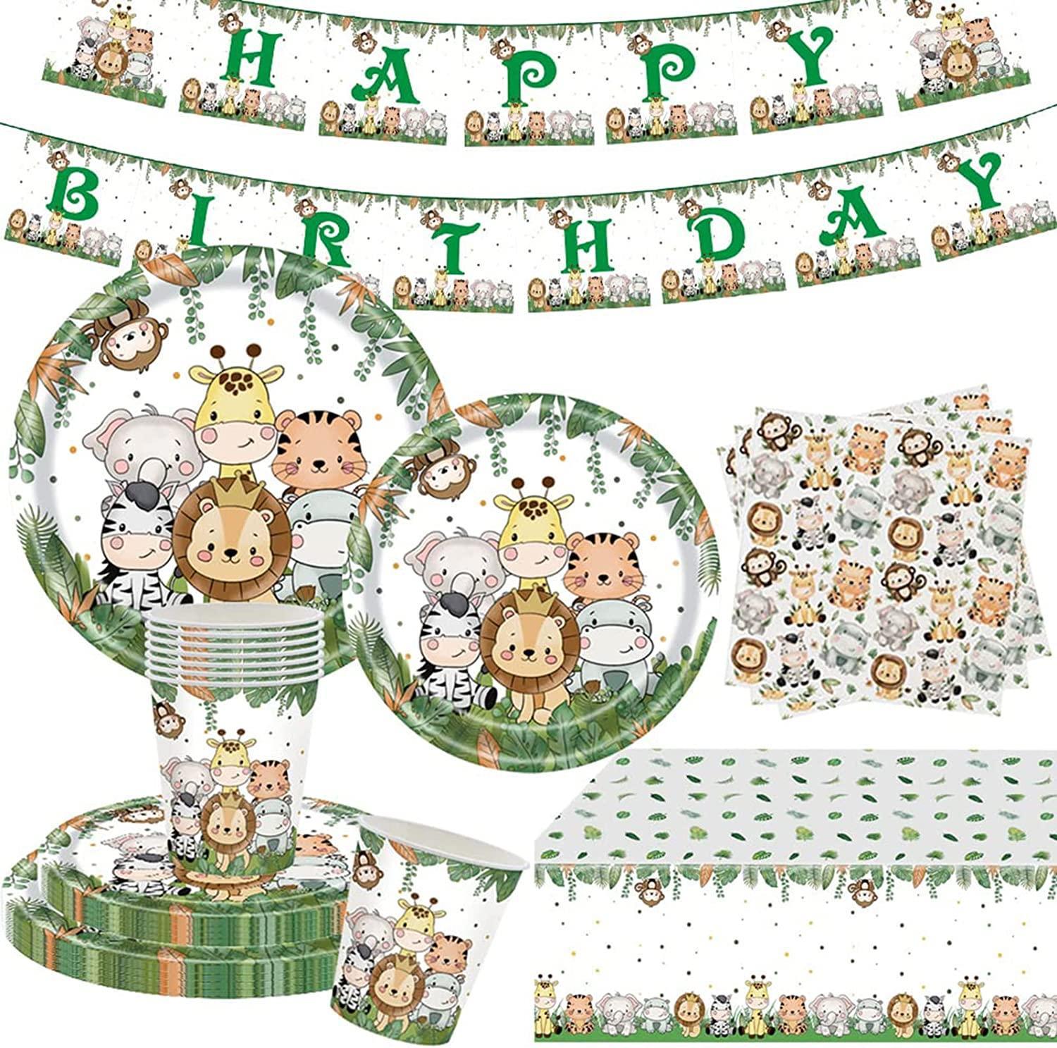 Kids Party Disposable Cutlery Wild Lion Giraffe Monkey Tableware with Plates and Napkin Serves 10 Birthday Theme Party Decorations