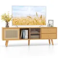 Bamboo TV Stand for TV up to 65 inch Mid Century Modern TV Console Table w/Glass