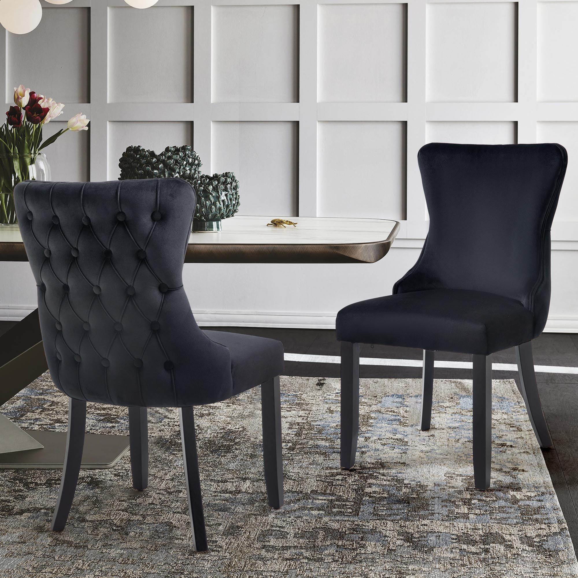 Set of 2 - Paris Velvet & Black Rubberwood Upholstered Dining Chairs Tufted Back