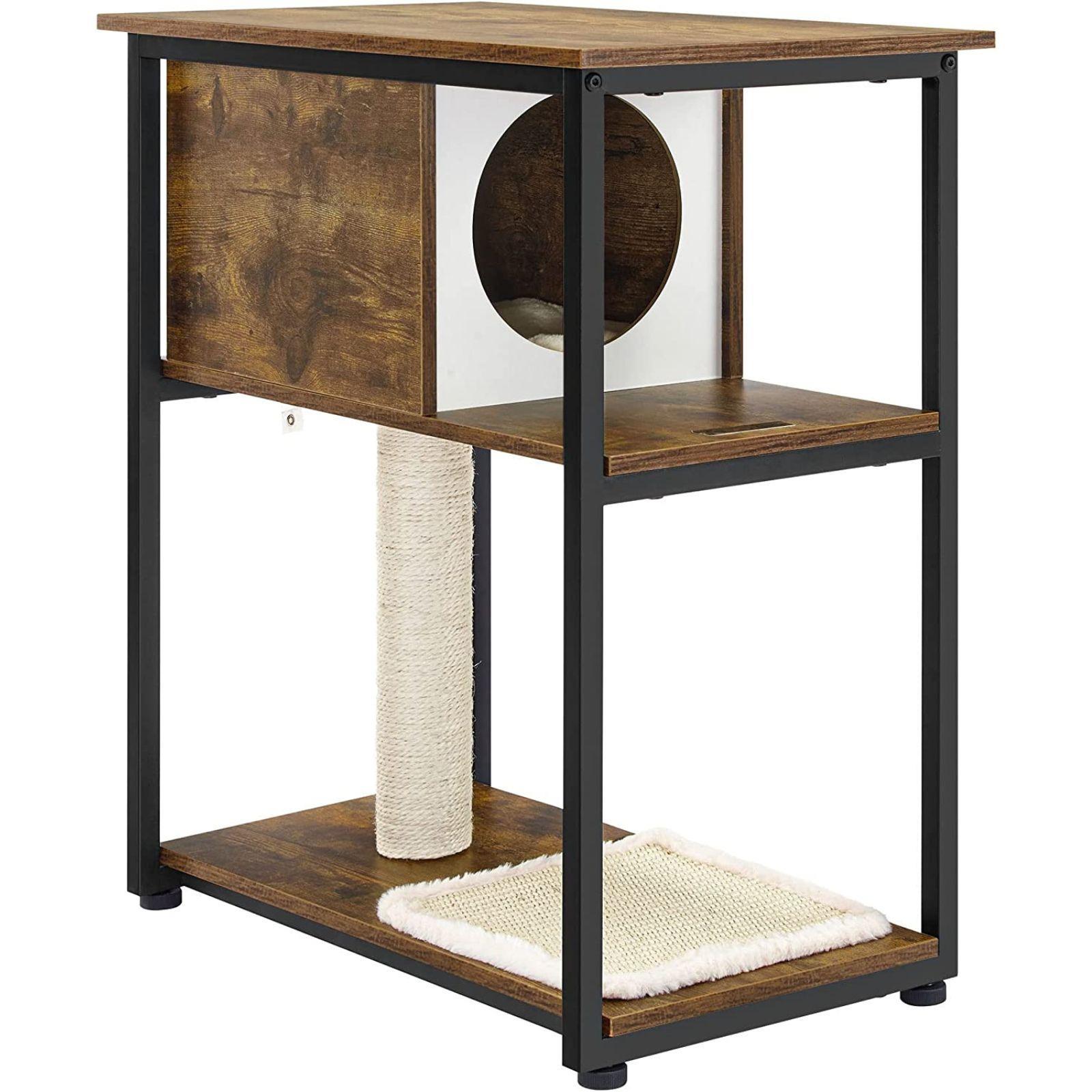 Feandrea Cat Tree House and End Table Bedside Scratching Post Tower - Rustic Brown