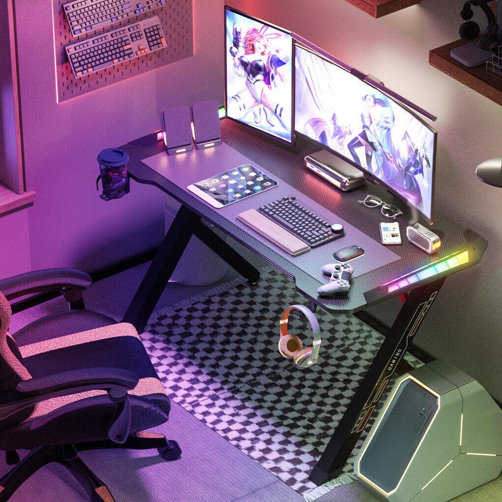 3D Super Cool RGB Neon Gaming Desk PC Laptop Computer Table Gamer Workstation