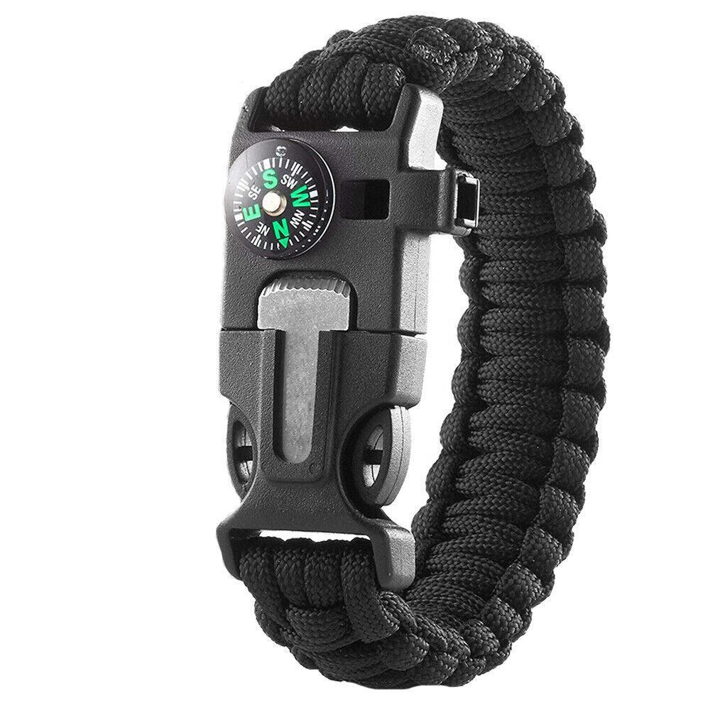 Survival Bracelet Compass Fire Camping Whistle Hiking Army Gear paracord