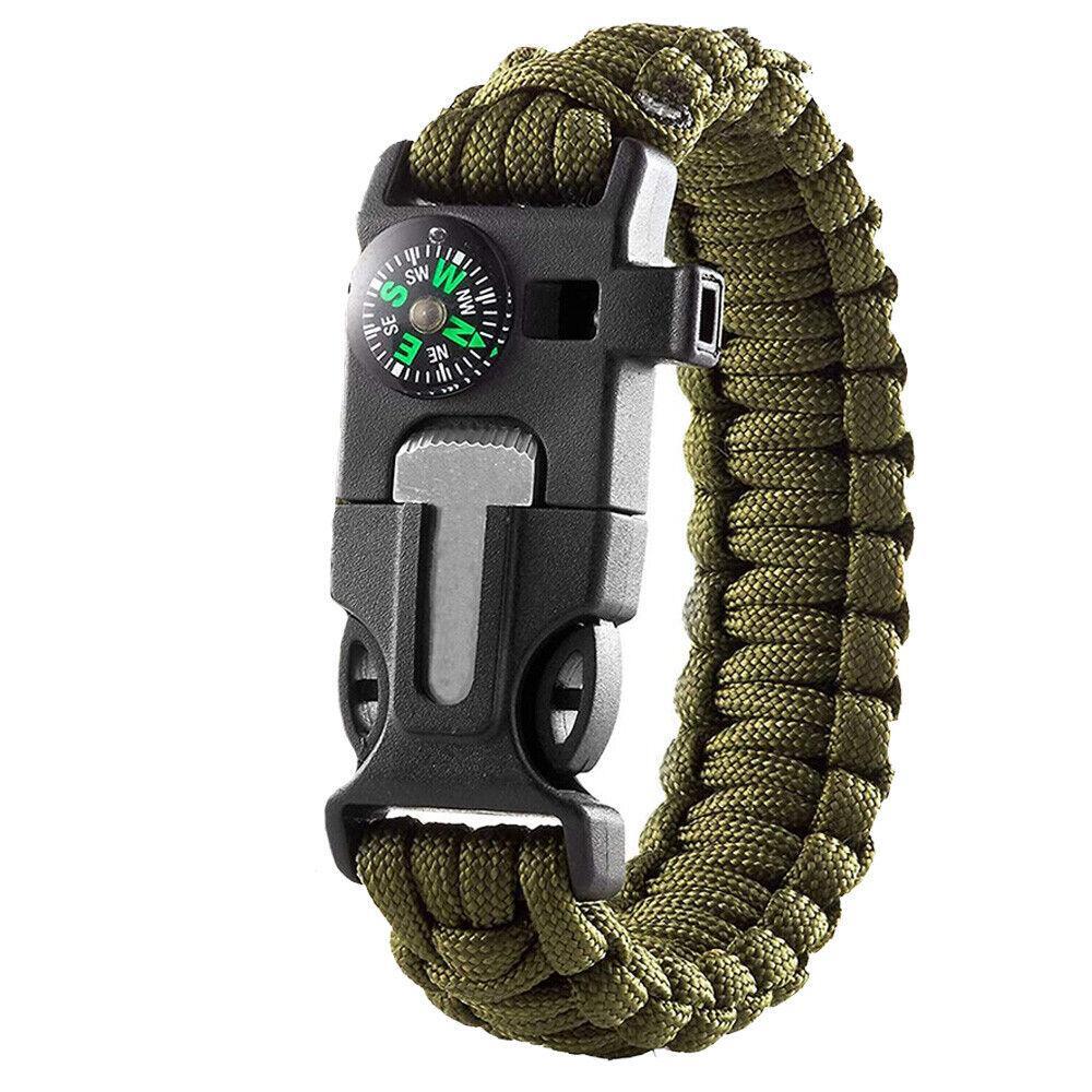 Survival Bracelet Compass Fire Camping Whistle Hiking Army Gear paracord