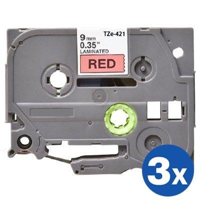 3 x Brother TZe-421 TZe421 Generic 9mm Black Text on Red Laminated Tape - 8 meters