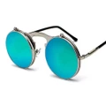Vicanber Unisex Vintage Flip-Up Lens Steampunk For Men Women Cool Sunglasses Round Glass (Silver Frame Green Reflective Lenses)