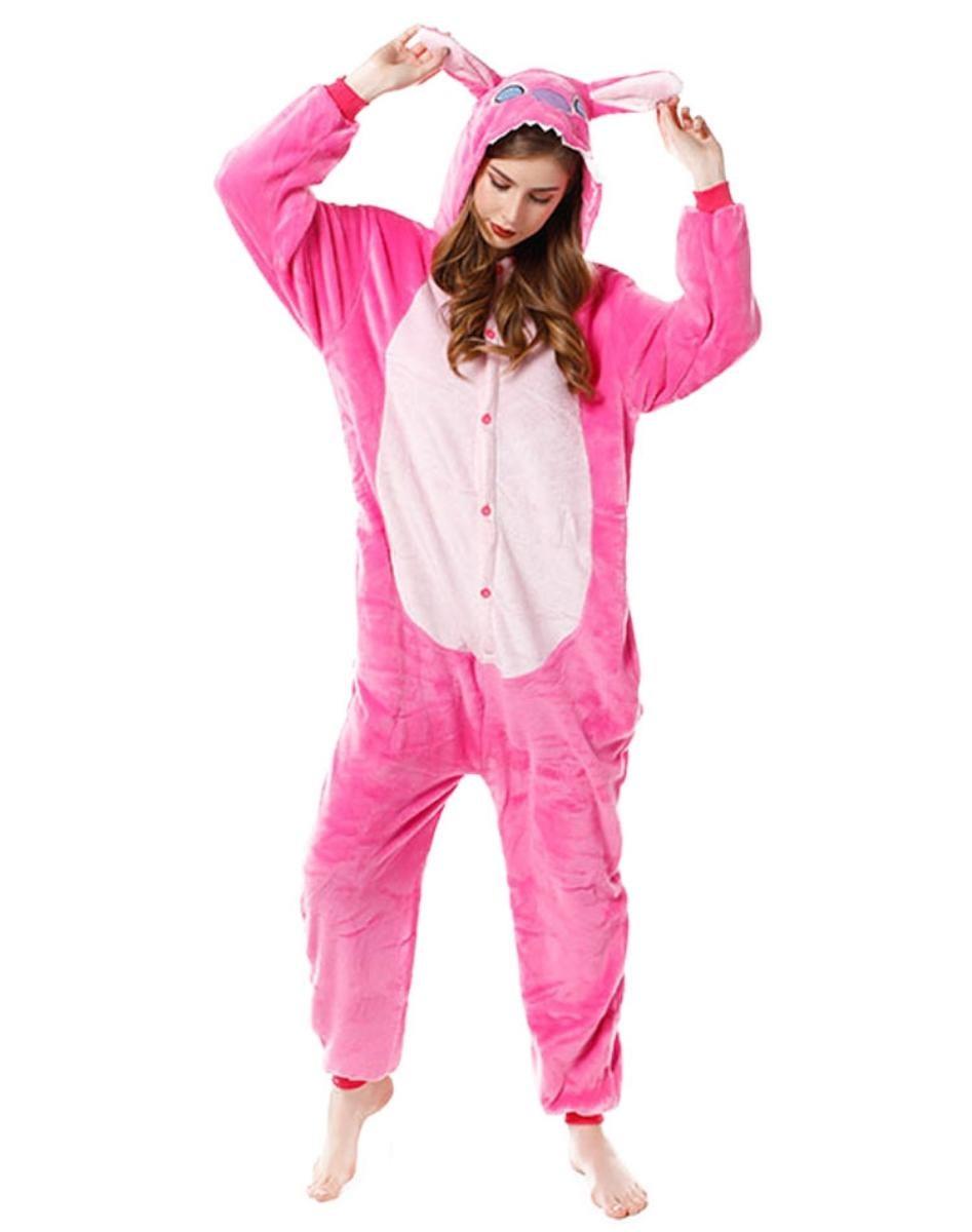 Adult Unisex Pink Stitch Onesie Kigirumi Animal Pajamas Halloween Costume Jumpsuit