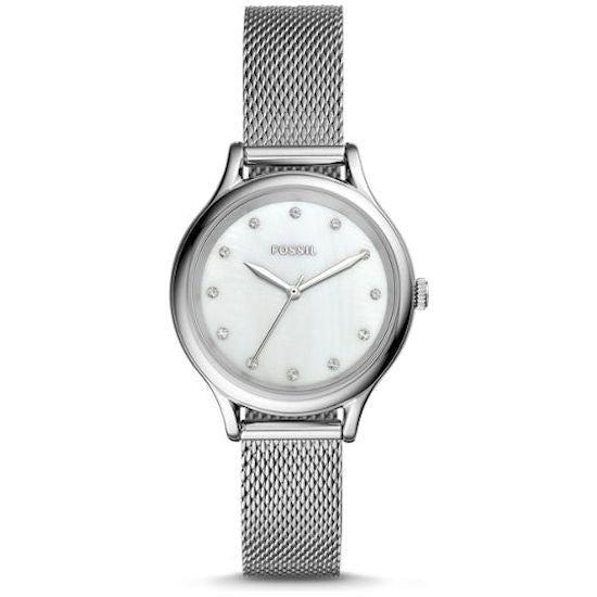 Experience Timeless Elegance with the Stainless Steel Mesh Strap Quartz Wristwatch for Women - FOSSIL Mod. LANEY 34mm Mother of Pearl Dial (Model: LANEY)