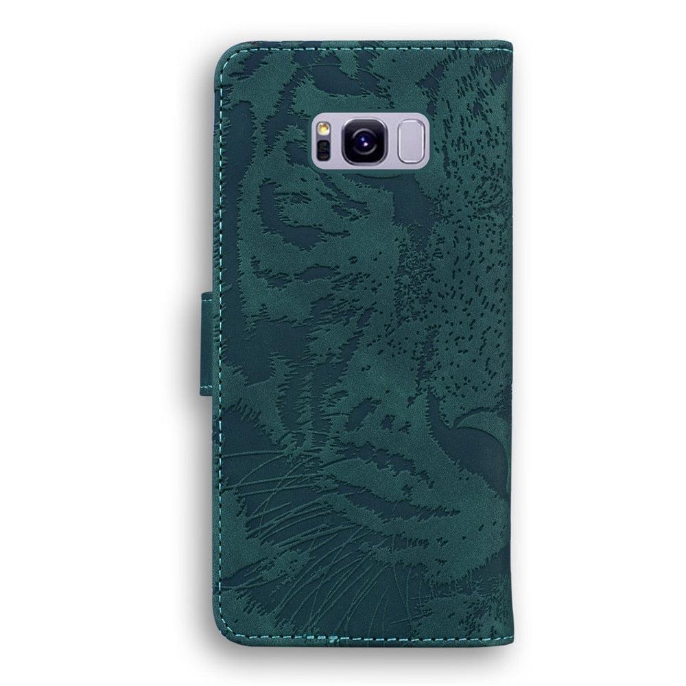 Anymob Samsung Phone Case Green Leather Flip Fashion Luxurious Tiger Embossed Cover