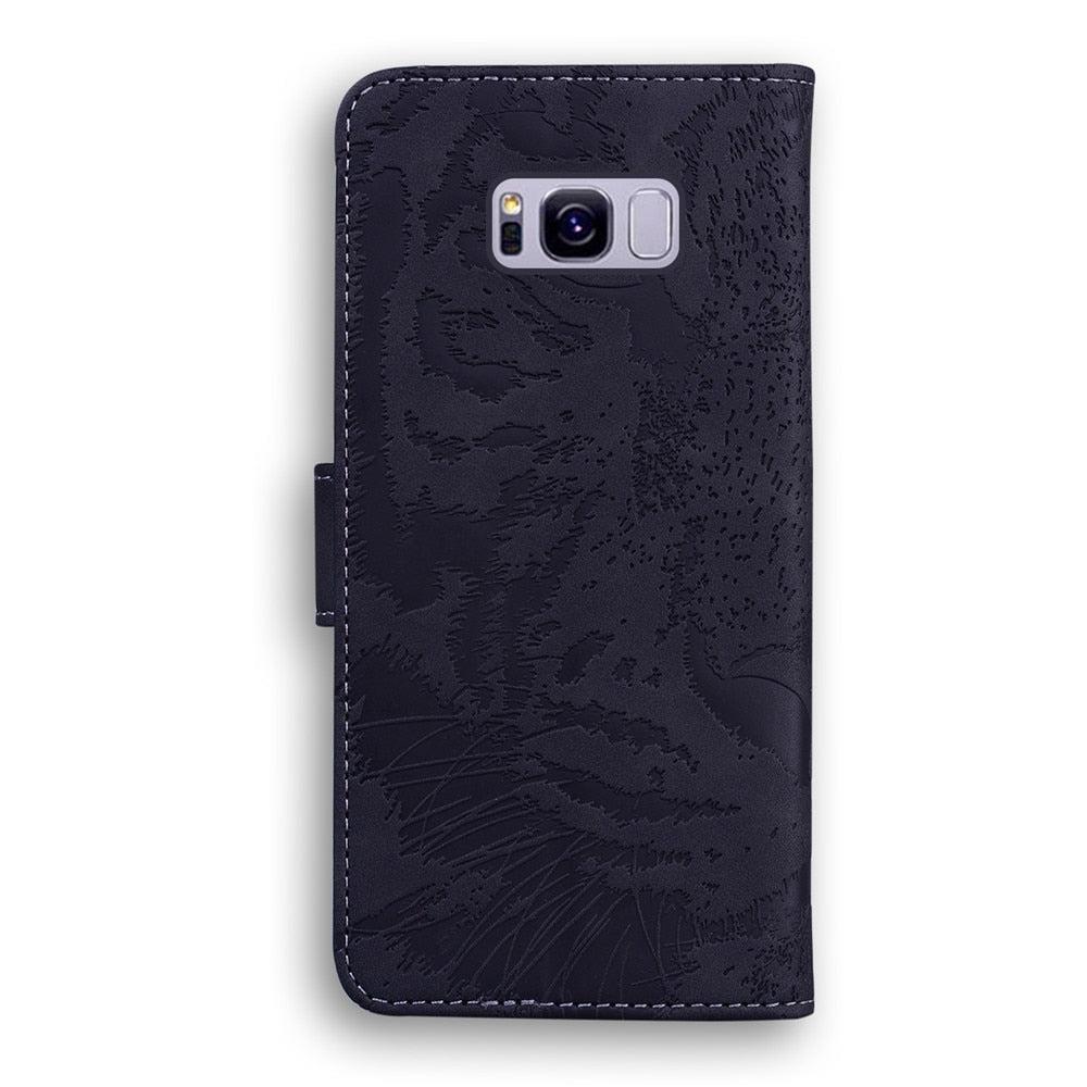 Anymob Samsung Phone Case Black Leather Flip Fashion Luxurious Tiger Embossed Cover