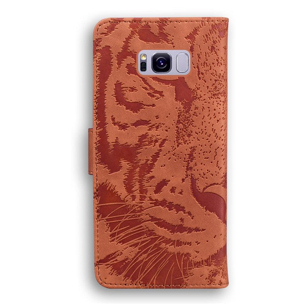 Anymob Samsung Phone Case Brown Leather Flip Fashion Luxurious Tiger Embossed Cover