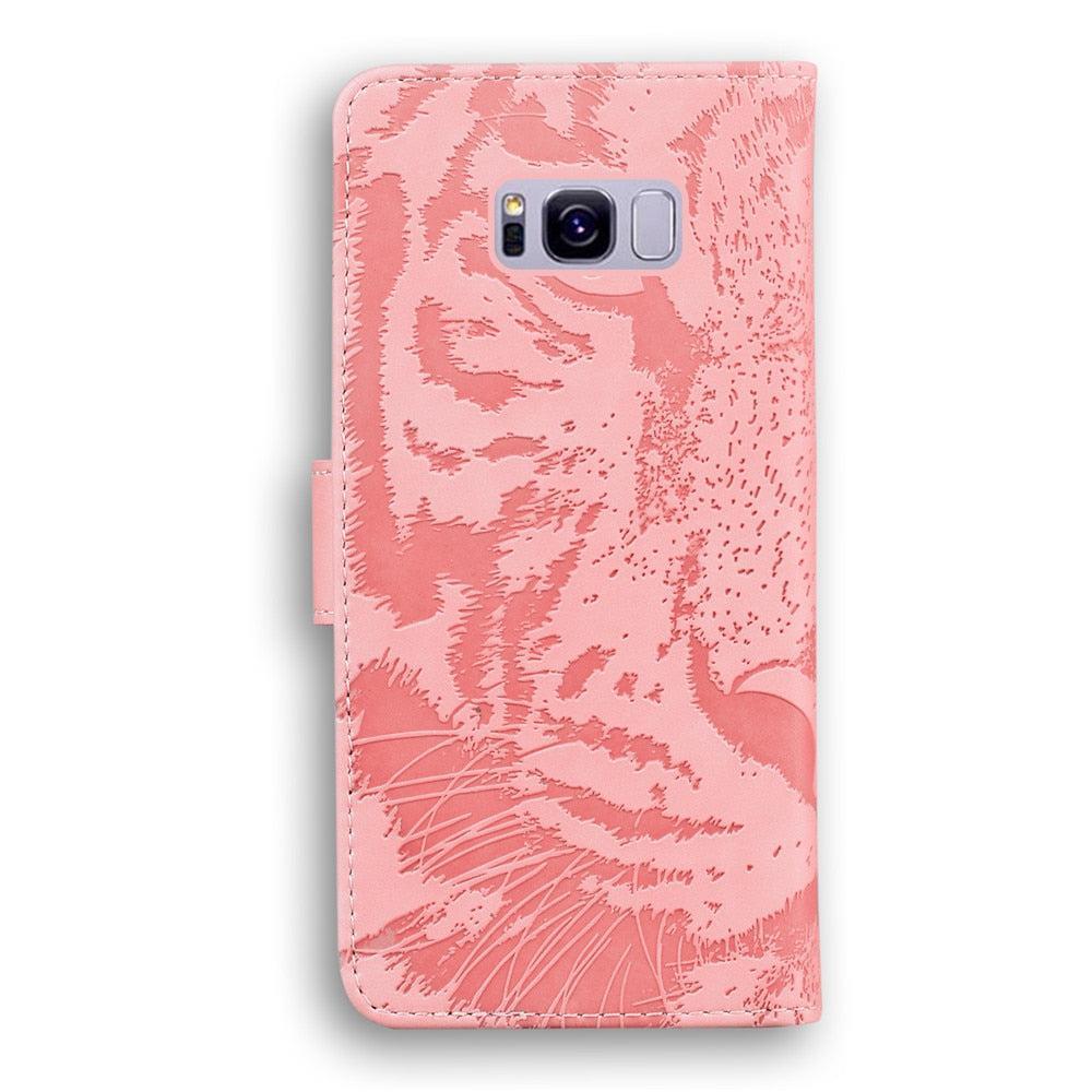 Anymob Samsung Phone Case Pink Leather Flip Fashion Luxurious Tiger Embossed Cover