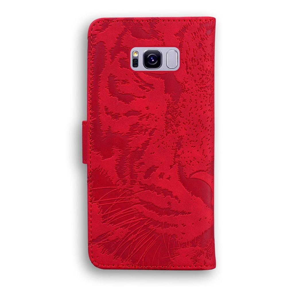 Anymob Samsung Phone Case Red Velvet Leather Flip Fashion Luxurious Tiger Embossed Cover