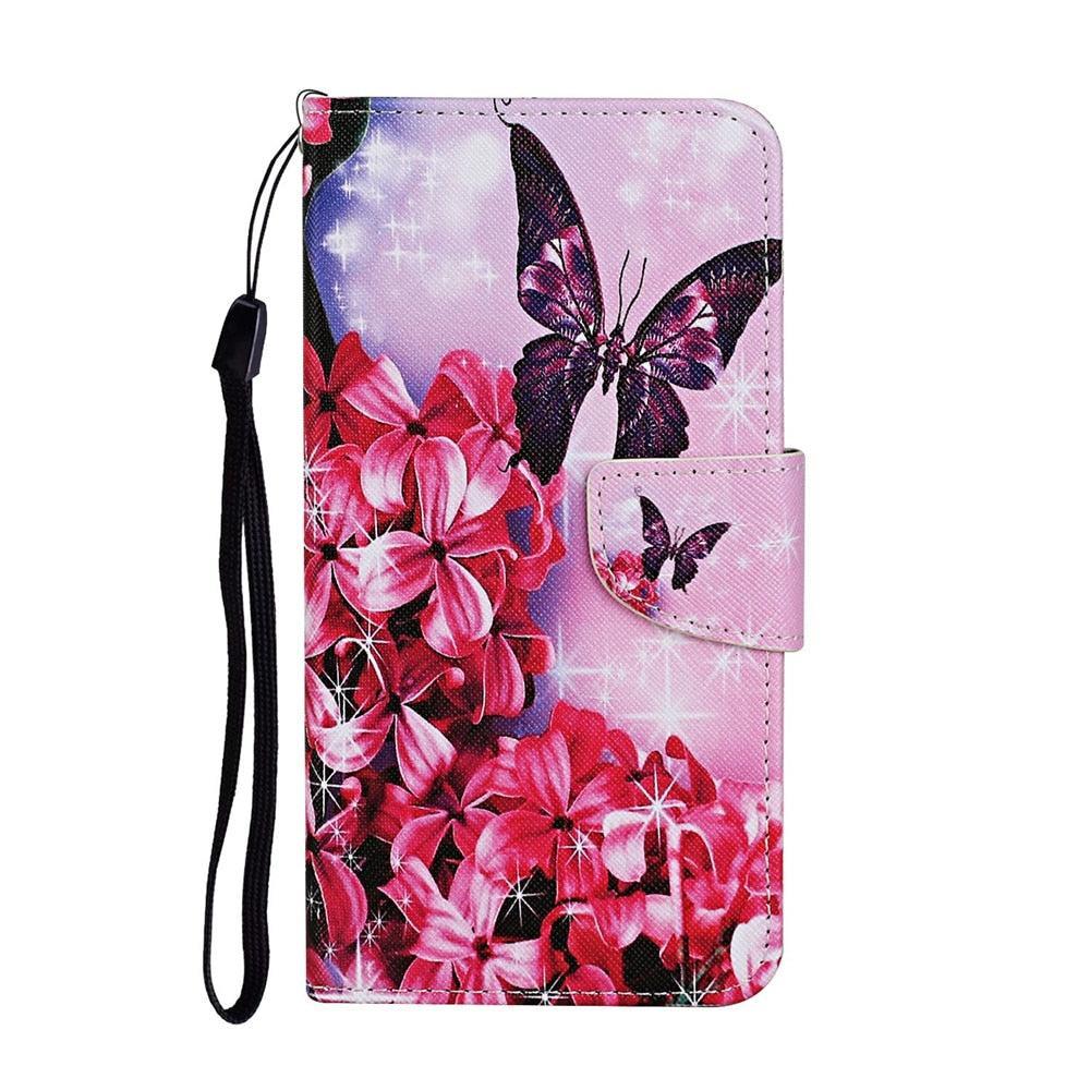 Anymob iPhone Case Pink with Butterfly Flip Leather Wallet Stand Cover Phone Bag Shell