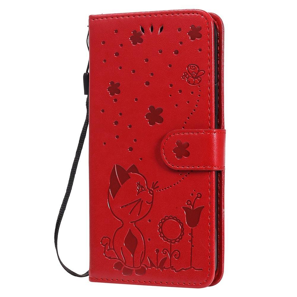 Anymob iPhone Red Leather Flip Case Embossing Cat and Bee Cover