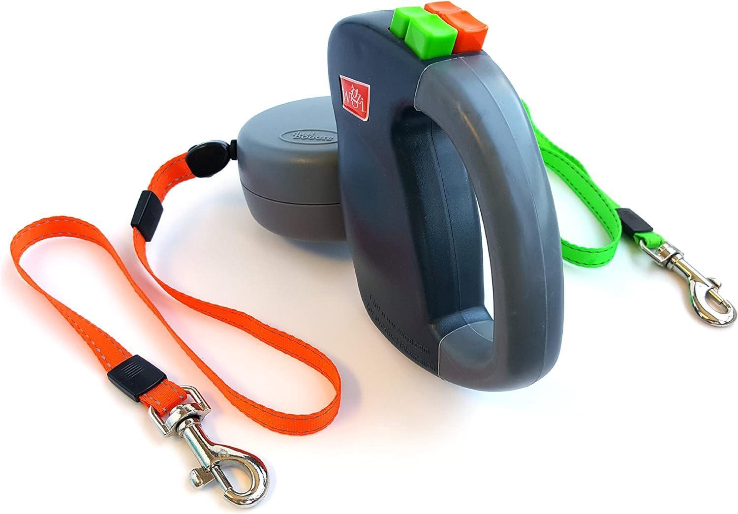 2 Two Dog Reflective Retractable Pet Leash - Two Dogs Each up to 50 lbs and 10ft. Reflective Orange and Green Leads. Dual Locking, Small, Gray
