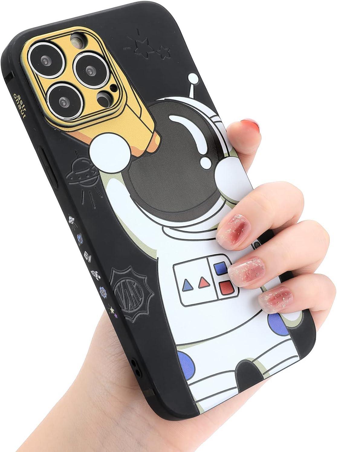 iPhone 15 Pro Cute Case, Cool Cartoon Astronaut Space Design Stylish Bumper Soft TPU Rubber Protective Anti-Slip Shockproof Creative Case(Black)