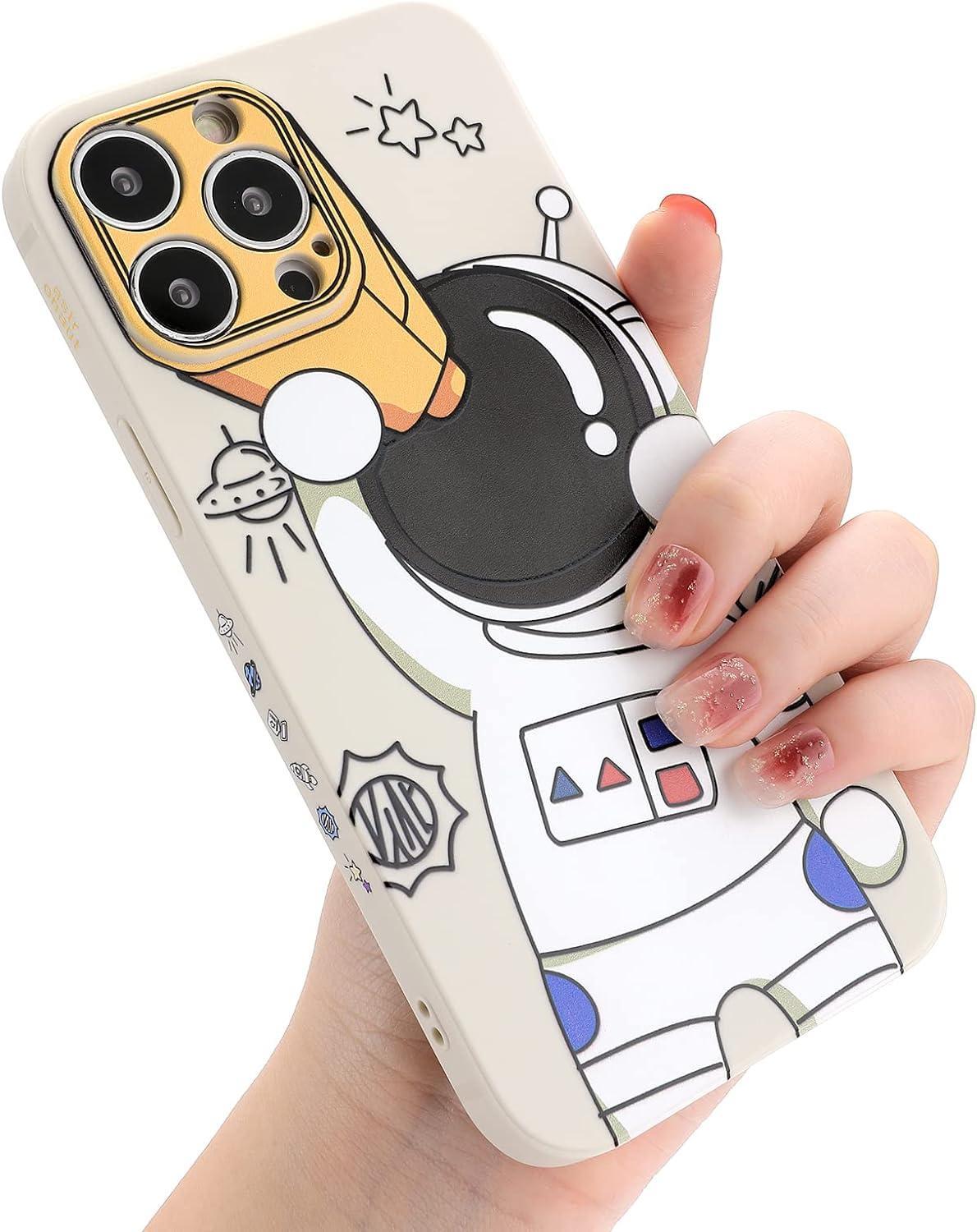 iPhone 15 Pro Max Cute Case, Cool Cartoon Astronaut Space Design Stylish Bumper Soft TPU Rubber Protective Anti-Slip Shockproof Creative Case(White)