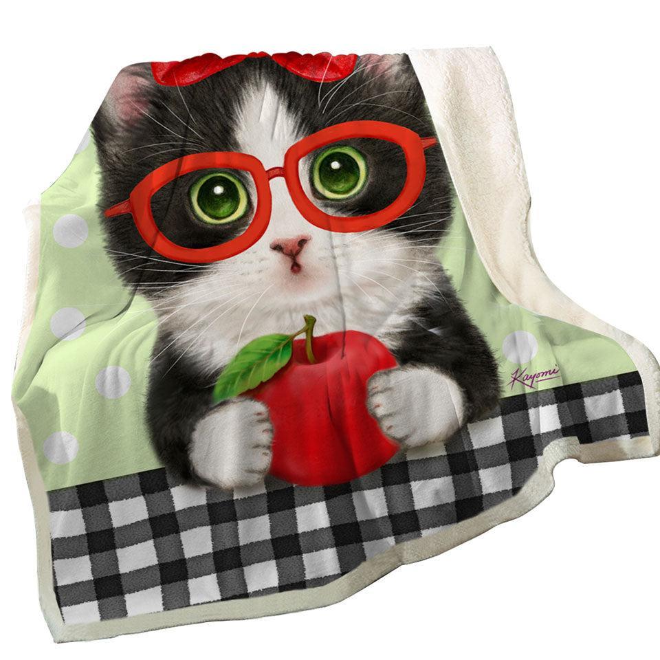 Cute Funny Cats Tuxie with Apple and Glasses Throw Blanket 200cm x 200cm