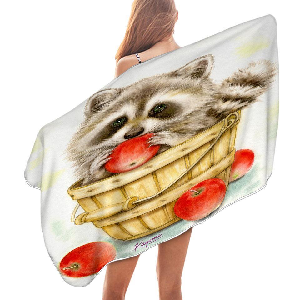 Microfiber Beach Towel Wildlife Cute Animal Art Apple Basket Raccoon