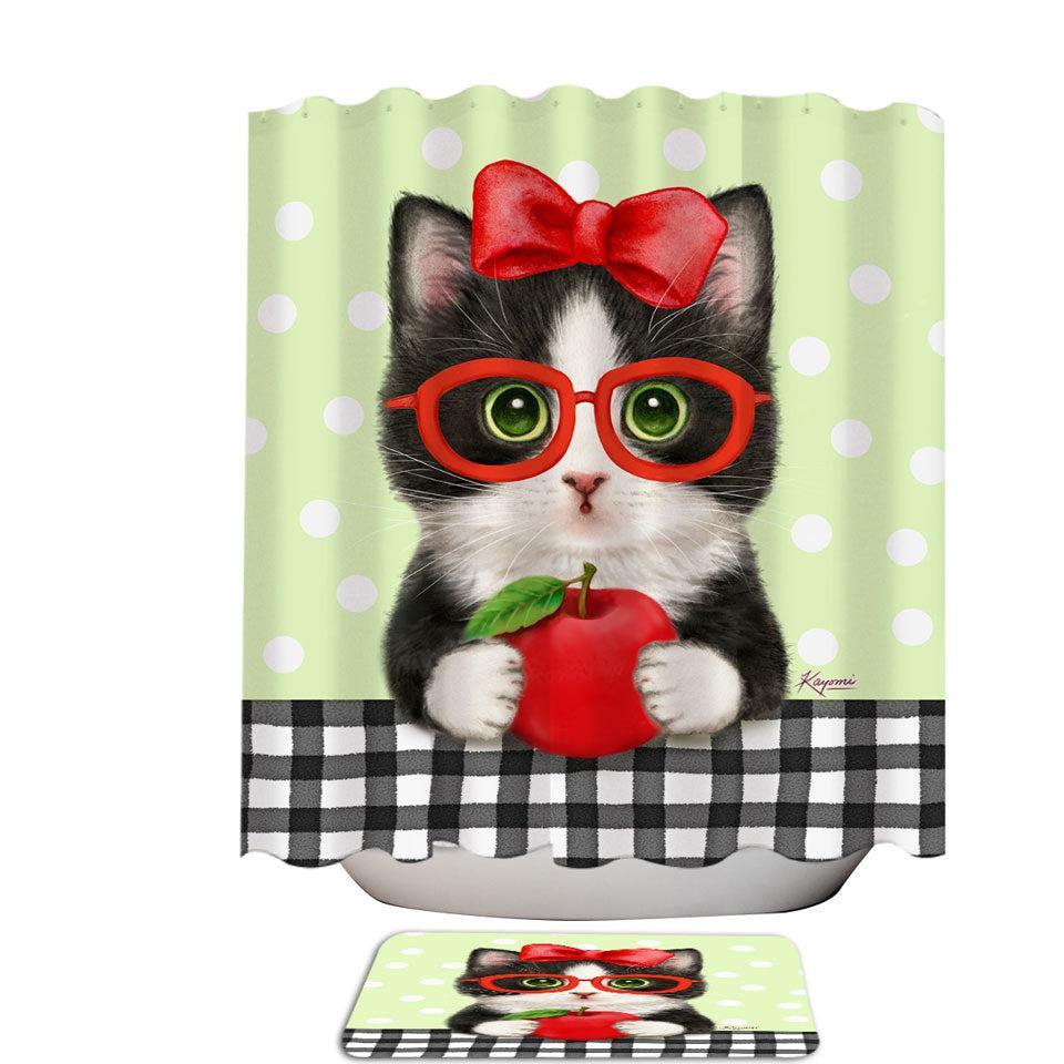 180cm*180cm + 80cm*50cm Shower Curtain Set Cute Funny Cats Tuxie with Apple and Glasses