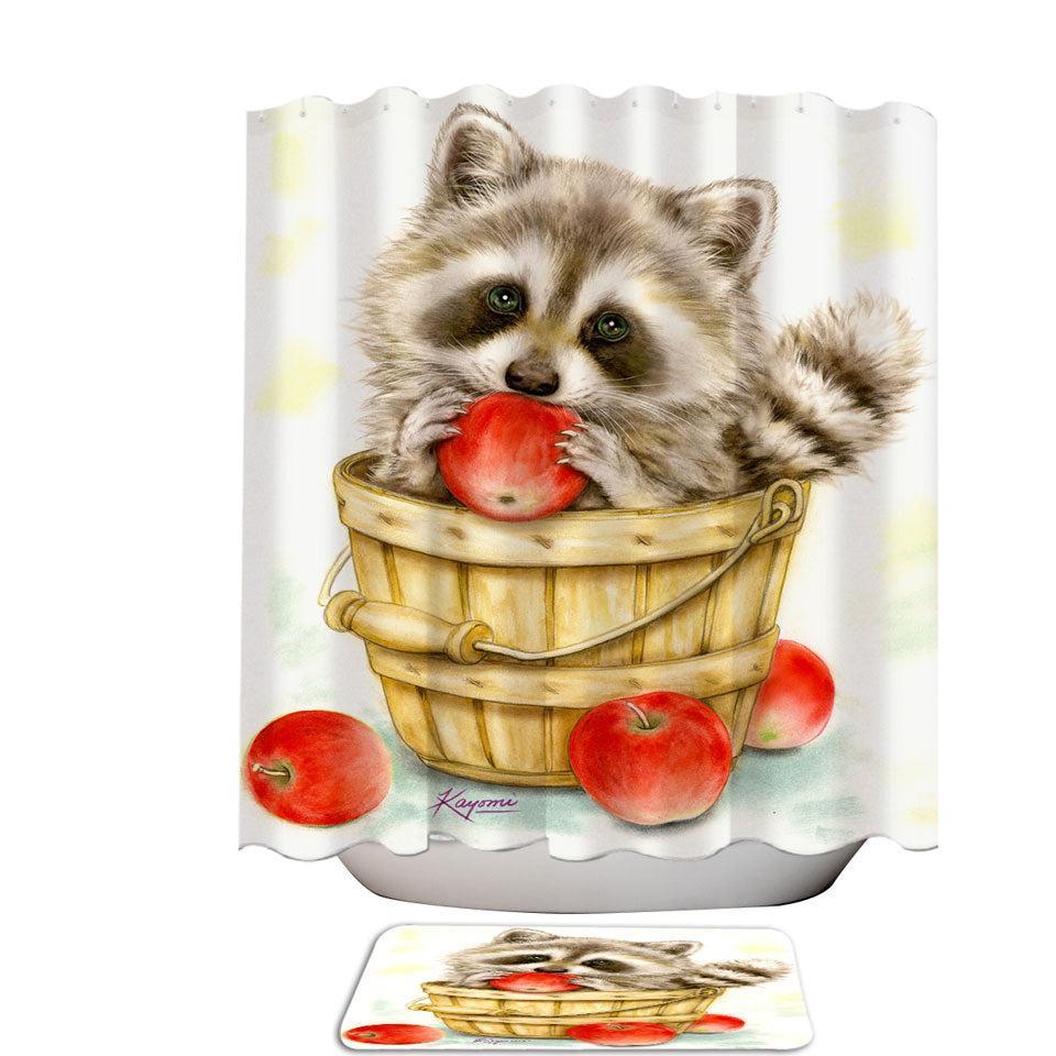165cm*180cm + 80cm*50cm Shower Curtain Set Wildlife Cute Animal Art Apple Basket Raccoon