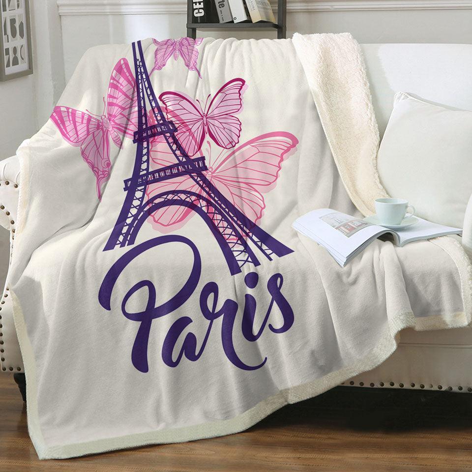 Pink Butterflies and Paris Eiffel Tower Throw Blanket Kids 130cm x 150cm