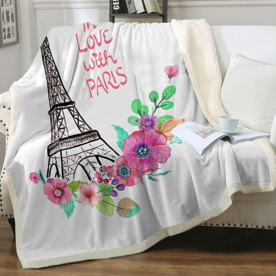 Paris Eiffel Tower Drawing and Flowers Throw Blanket Kids 130cm x 150cm