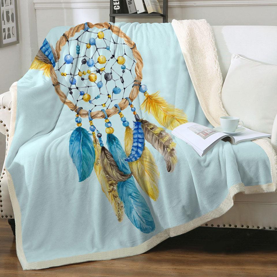 Blue and Yellow Feathers Dream Catcher Throw Blanket Kids 130cm x 150cm