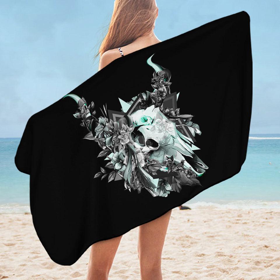Cool Black and White Floral Turquoise Bull Skull Microfiber Beach Towel + Bag